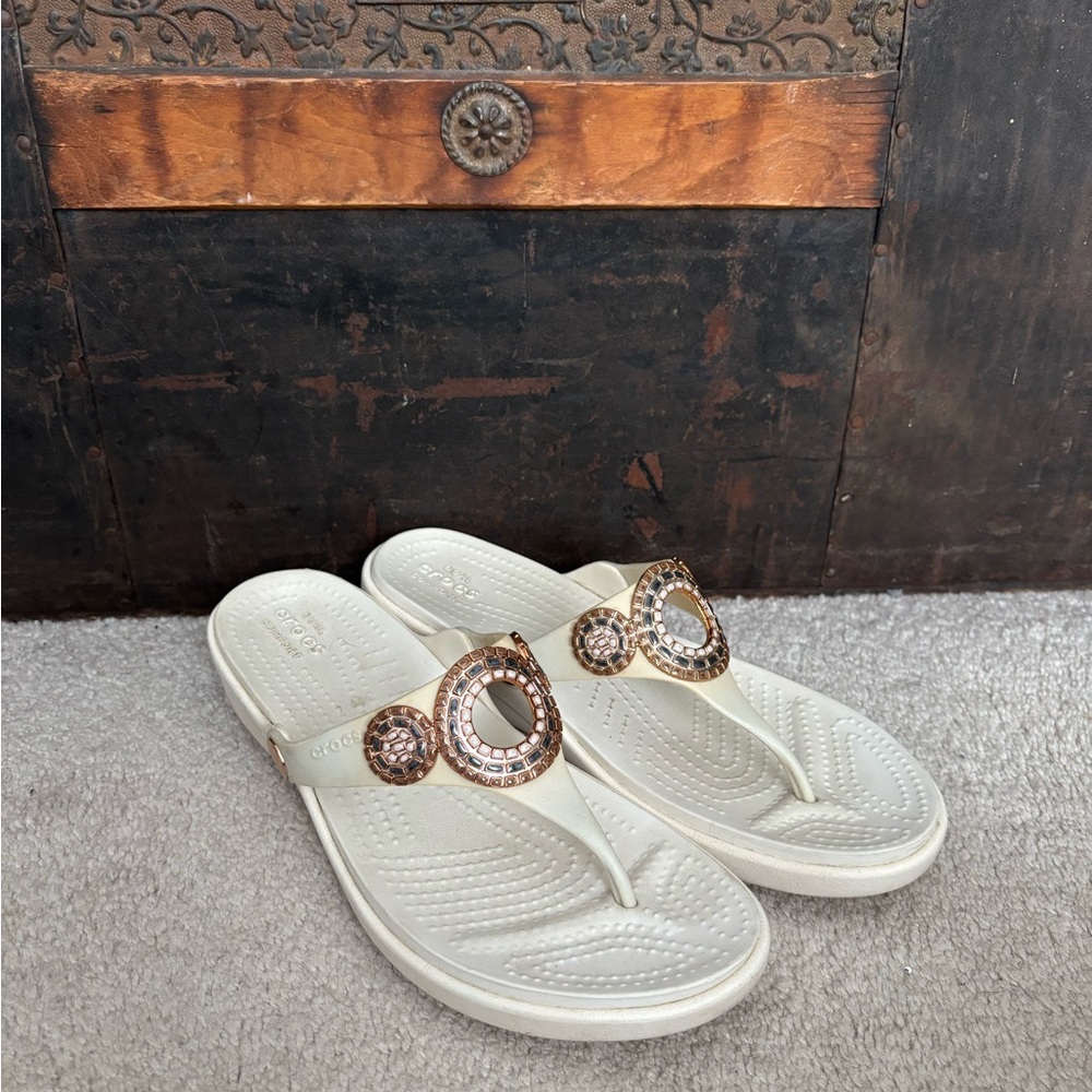 CROCS Diamonte Wedge Flip Flop Sandals with Gold Details